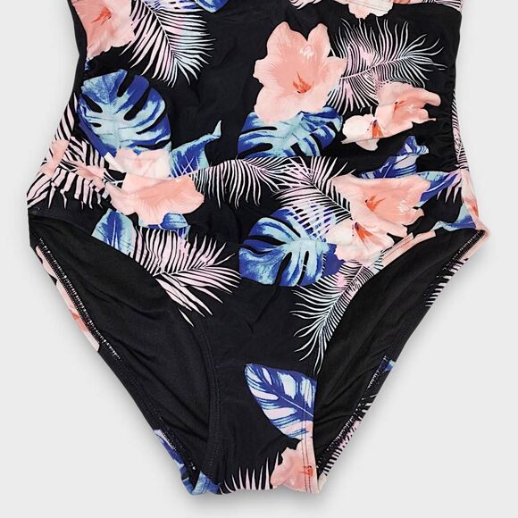 DKNY Womens Swimsuit Sz XXL Floral Navy Halter Tie High Cut Legs Ruched Tummy NW - Picture 6 of 8